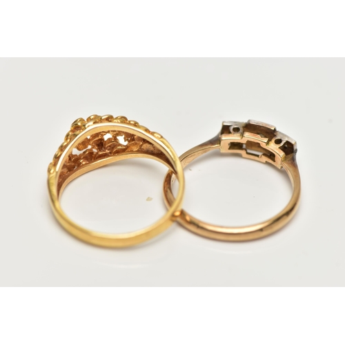 27 - A 9CT GOLD RING AND A DIAMOND RING, the first a yellow gold ring, textured and peirced with a floral... 