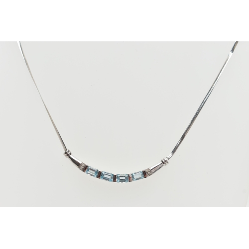 29 - A 9CT GOLD, TOPAZ NECKLACE, a solid white gold crecent shaped bar, set with four emerald cut blue to... 