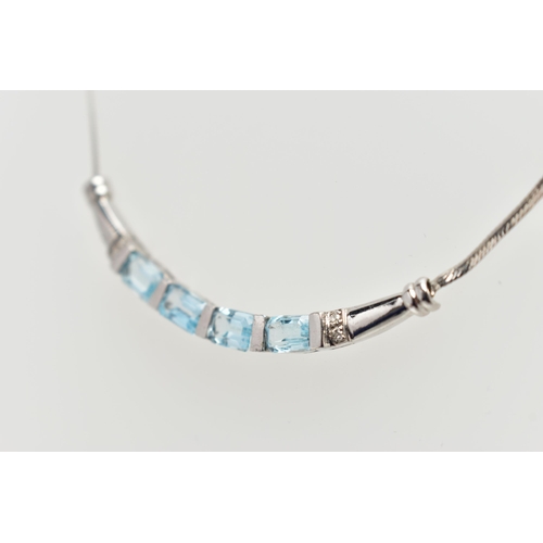 29 - A 9CT GOLD, TOPAZ NECKLACE, a solid white gold crecent shaped bar, set with four emerald cut blue to... 