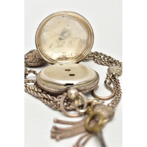 38 - A LADY'S SILVER OPEN FACE POCKET WATCH WITH ALBERTINA, key wound pocket watch, round white dial with... 