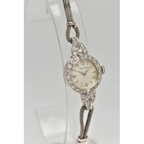 44 - A LADYS MID 20TH CENTURY DIAMOND SET COCKTAIL WATCH, manual wind, round white dial signed 'Vertex', ... 