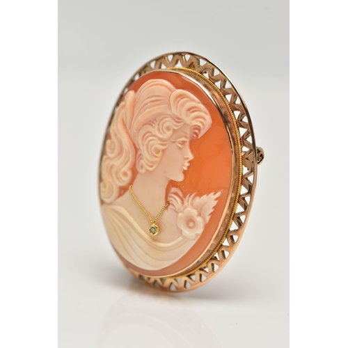 46 - A 9CT GOLD HABILLE CAMEO BROOCH, carved oval shell cameo, depicting a lady in profile, dressed with ... 