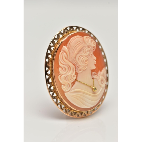 46 - A 9CT GOLD HABILLE CAMEO BROOCH, carved oval shell cameo, depicting a lady in profile, dressed with ... 