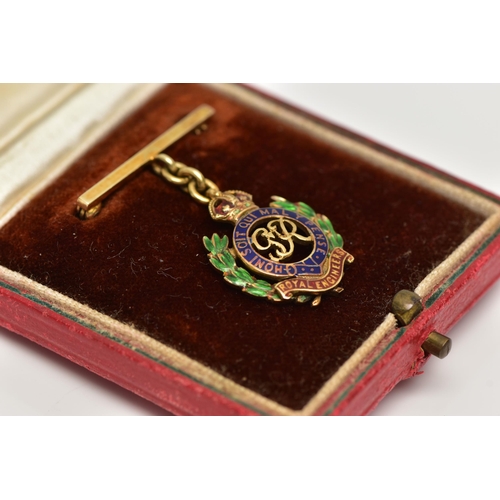 48 - A YELLOW METAL ENAMEL 'ROYAL ENGINEERS' FOB BROOCH, decorated with blue, red and green enamel, inscr... 