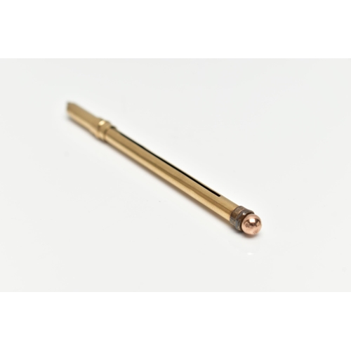 49 - A 9CT GOLD SWIZZEL STICK, polished case, stamped 9ct gold, closed length 80mm, approximate gross wei... 