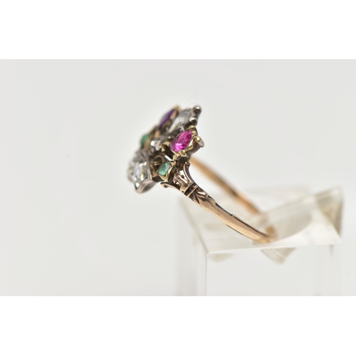 52 - A GOLD, GEORGIAN MULTI GEM SET, GIARDINETTI RING, designed as a basket of flowers set with various g... 