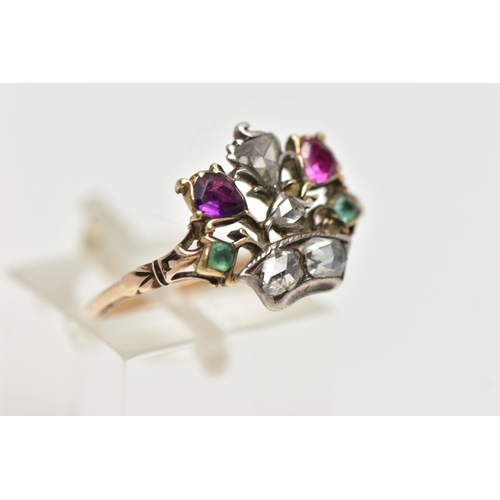 52 - A GOLD, GEORGIAN MULTI GEM SET, GIARDINETTI RING, designed as a basket of flowers set with various g... 