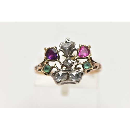 52 - A GOLD, GEORGIAN MULTI GEM SET, GIARDINETTI RING, designed as a basket of flowers set with various g... 