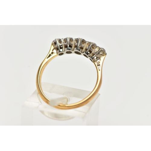 55 - A YELLOW METAL, FIVE STONE DIAMOND RING, set with five graduating, old cut diamonds, estimated total... 