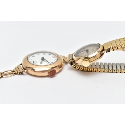 57 - TWO LADY'S 9CT GOLD WRISTWATCHES, the first a manual wind watch, with a round white dial, Arabic num... 