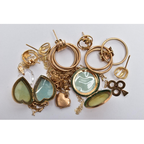 61 - ASSORTED YELLOW METAL JEWELLERY, to include a pair of hoop earrings, two pairs of stud earrings, unm... 