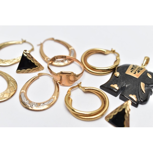 64 - AN ASSORTMENT OF 9CT GOLD AND YELLOW METAL JEWELLERY, to include a pair of double hoop earrings with... 