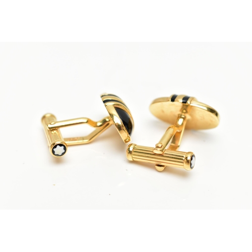 65 - A PAIR OF YELLOW METAL, ENAMELLED 'MONTBLANC' CUFFLINKS, each of an oval form, inscribed 'Montblanc'... 