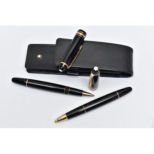 67 - A CASED SET OF TWO 'MONTBLANC' PENS, to include a black lacquer and gold trim ball point pen, signed... 