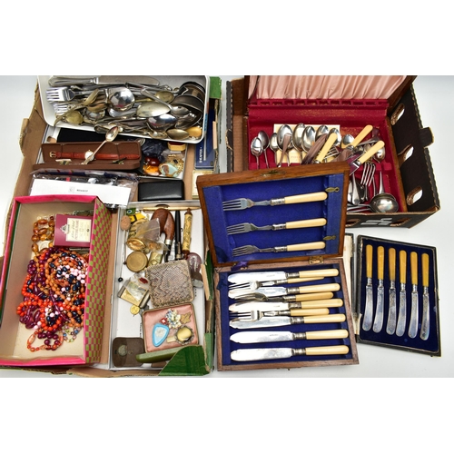 102 - A BOX OF ASSORTED ITEMS, to include various pieces of costume jewellery, brooches, pin badges, smoki... 