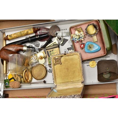 102 - A BOX OF ASSORTED ITEMS, to include various pieces of costume jewellery, brooches, pin badges, smoki... 