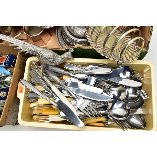 103 - A BOX OF ASSORTED WHITE METAL, to include a white metal ink stand, floral design with two glass pots... 