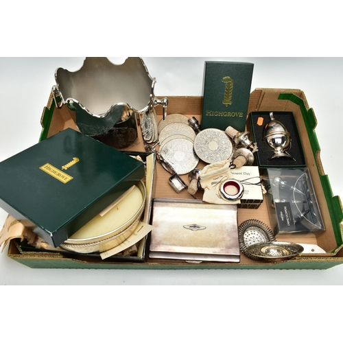104 - A BOX OF ASSORTED ITEMS, to include a large boxed 'Highgrove' candle in a silver plate bowl, a small... 