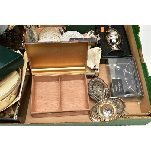 104 - A BOX OF ASSORTED ITEMS, to include a large boxed 'Highgrove' candle in a silver plate bowl, a small... 