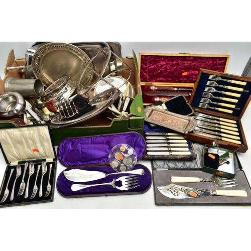 105 - A BOX OF ASSORTED WHITE METAL, to include a cased set of six tea knives, a cased set of seven pastry... 