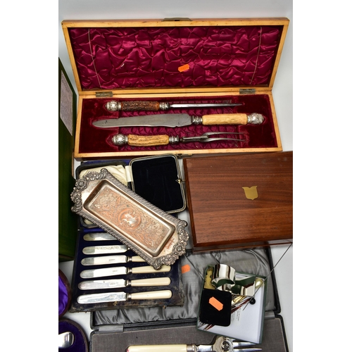 105 - A BOX OF ASSORTED WHITE METAL, to include a cased set of six tea knives, a cased set of seven pastry... 