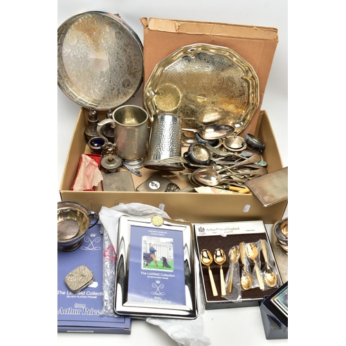 106 - A BOX OF ASSORTED WHITE METAL WARE, to include a boxed 'Arthur Price', silver plated photo frame, a ... 