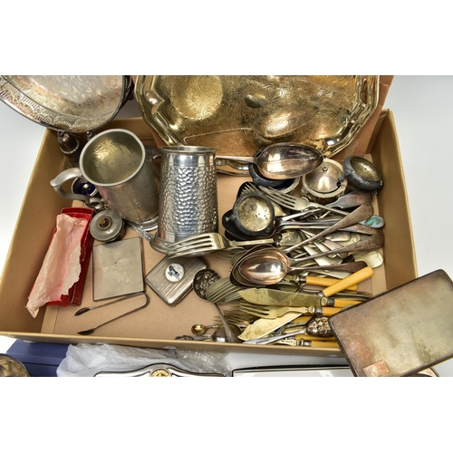 106 - A BOX OF ASSORTED WHITE METAL WARE, to include a boxed 'Arthur Price', silver plated photo frame, a ... 