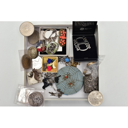 107 - A BOX OF ASSORTED SILVER AND OTHER ITEMS, to include a white metal padlock clasp, set with a banded ... 