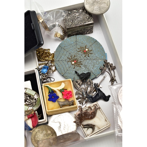 107 - A BOX OF ASSORTED SILVER AND OTHER ITEMS, to include a white metal padlock clasp, set with a banded ... 