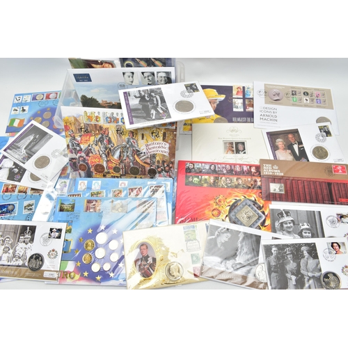 108 - A PLASTIC TUB CONTAINING A LARGE AMOUNT OF FIRST DAY AND COMMEMORATIVE COIN COVERS, to include 14x E... 