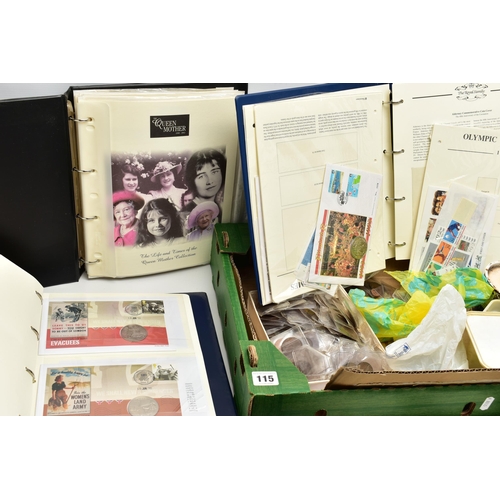 115 - A LARGE CARDBOARD BOX CONTAINING COINAGE,QUEEN ELIZABETH AND ROYALTY FIRST DAY AND STAMP/COIN COVERS... 