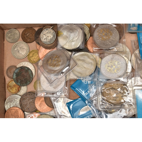 116 - A BOX OF MIXED COINAGE, to include a bag of silver content coins such as a 1923 half Crown coin, a 1... 