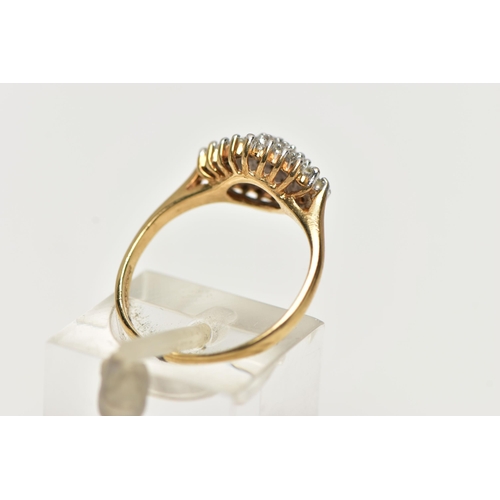 16 - A 9CT YELLOW GOLD, DIAMOND CLUSTER RING, of a marquise shape, set with single cut diamonds, pinched ... 