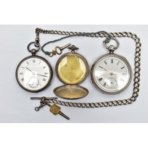 18 - TWO SILVER OPEN FACE POCKET WATCHES, AN ALBERT CHAIN AND A SILVER POCKET WATCH CASE, the first a key... 