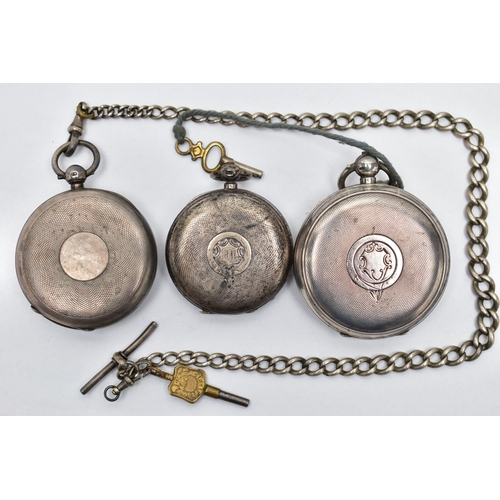 18 - TWO SILVER OPEN FACE POCKET WATCHES, AN ALBERT CHAIN AND A SILVER POCKET WATCH CASE, the first a key... 