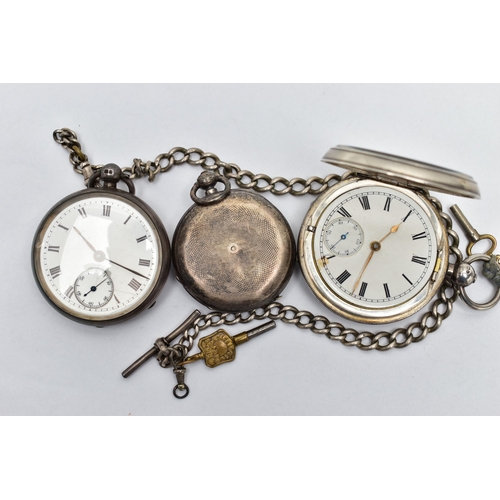 18 - TWO SILVER OPEN FACE POCKET WATCHES, AN ALBERT CHAIN AND A SILVER POCKET WATCH CASE, the first a key... 