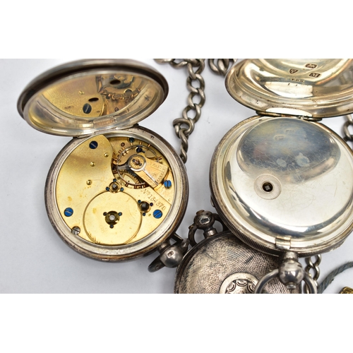 18 - TWO SILVER OPEN FACE POCKET WATCHES, AN ALBERT CHAIN AND A SILVER POCKET WATCH CASE, the first a key... 