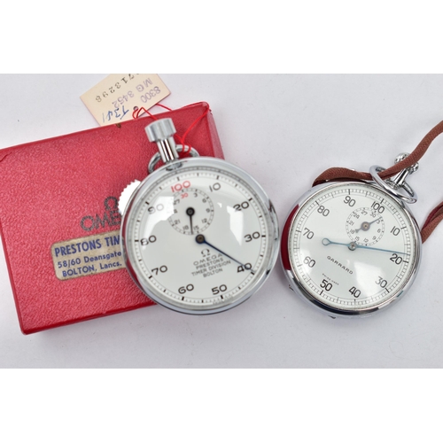 19 - AN 'OMEGA' AND A 'GARRARD' STOP WATCH, Omega Prestons Timer Division Bolton' stop watch, fitted with... 