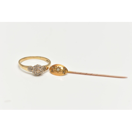 20 - A 9CT GOLD DIAMOND CLUSTER RING AND A DIAMOND STICK PIN, slightly tiered round cluster, set with sin... 