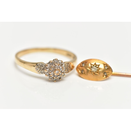 20 - A 9CT GOLD DIAMOND CLUSTER RING AND A DIAMOND STICK PIN, slightly tiered round cluster, set with sin... 