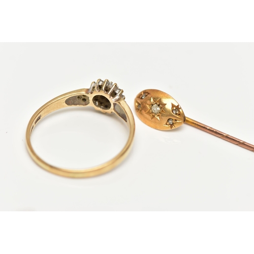 20 - A 9CT GOLD DIAMOND CLUSTER RING AND A DIAMOND STICK PIN, slightly tiered round cluster, set with sin... 