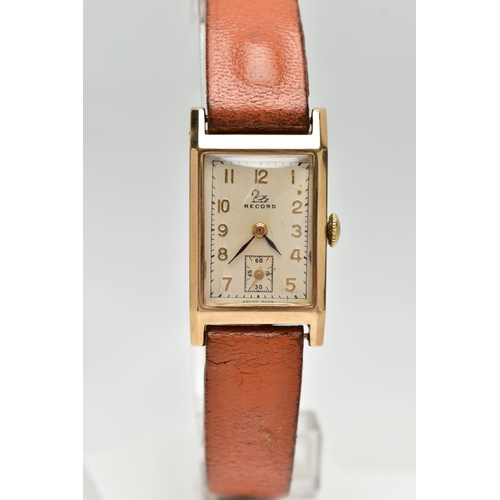 25 - A 9CT GOLD 'RECORD' WRISTWATCH, manual wind, rectangular silver dial signed 'Record', gold Arabic nu... 