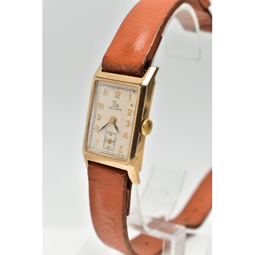 25 - A 9CT GOLD 'RECORD' WRISTWATCH, manual wind, rectangular silver dial signed 'Record', gold Arabic nu... 