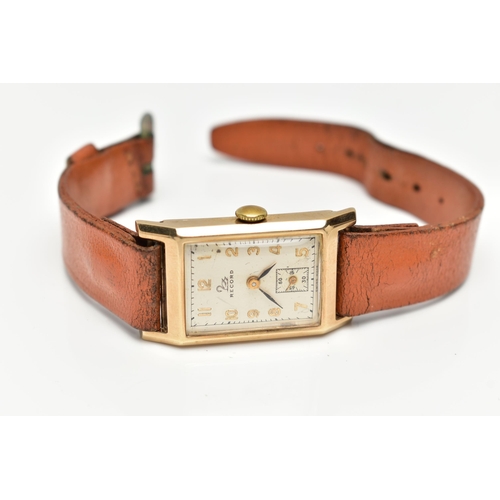 25 - A 9CT GOLD 'RECORD' WRISTWATCH, manual wind, rectangular silver dial signed 'Record', gold Arabic nu... 