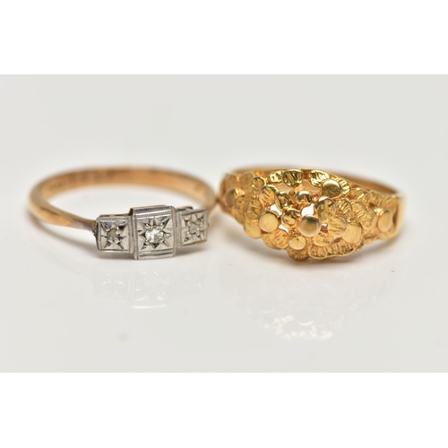 27 - A 9CT GOLD RING AND A DIAMOND RING, the first a yellow gold ring, textured and peirced with a floral... 