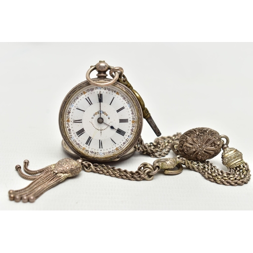 38 - A LADY'S SILVER OPEN FACE POCKET WATCH WITH ALBERTINA, key wound pocket watch, round white dial with... 