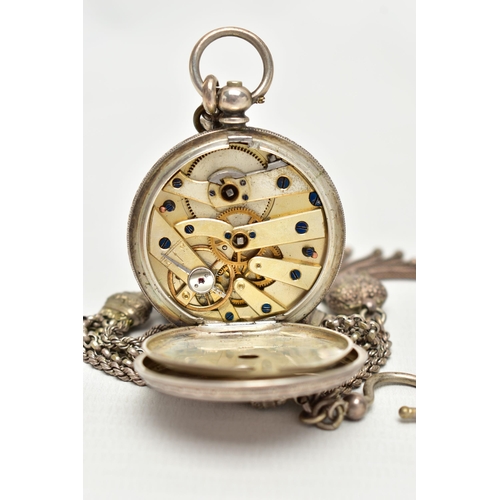 38 - A LADY'S SILVER OPEN FACE POCKET WATCH WITH ALBERTINA, key wound pocket watch, round white dial with... 