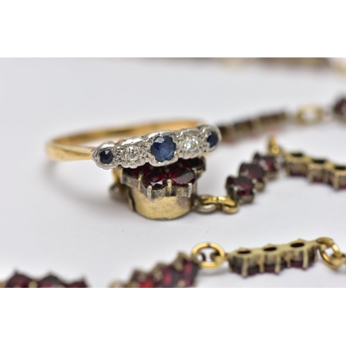 41 - A YELLOW METAL DIAMOND AND SAPPHIRE FIVE STONE RING AND A GARNET NECKLACE, the ring designed with th... 