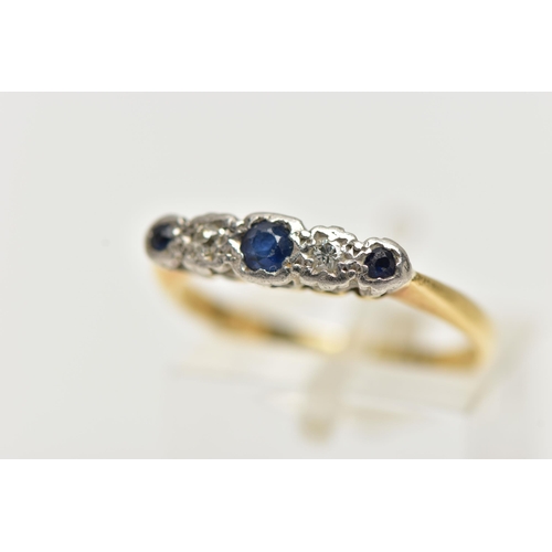 41 - A YELLOW METAL DIAMOND AND SAPPHIRE FIVE STONE RING AND A GARNET NECKLACE, the ring designed with th... 