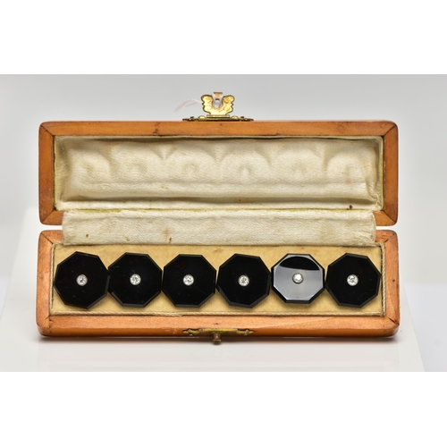 43 - A CASED SET OF SIX MID 20TH CENTURY, ONYX AND DIAMOND DRESS STUDS, each highly polished onyx studs o... 